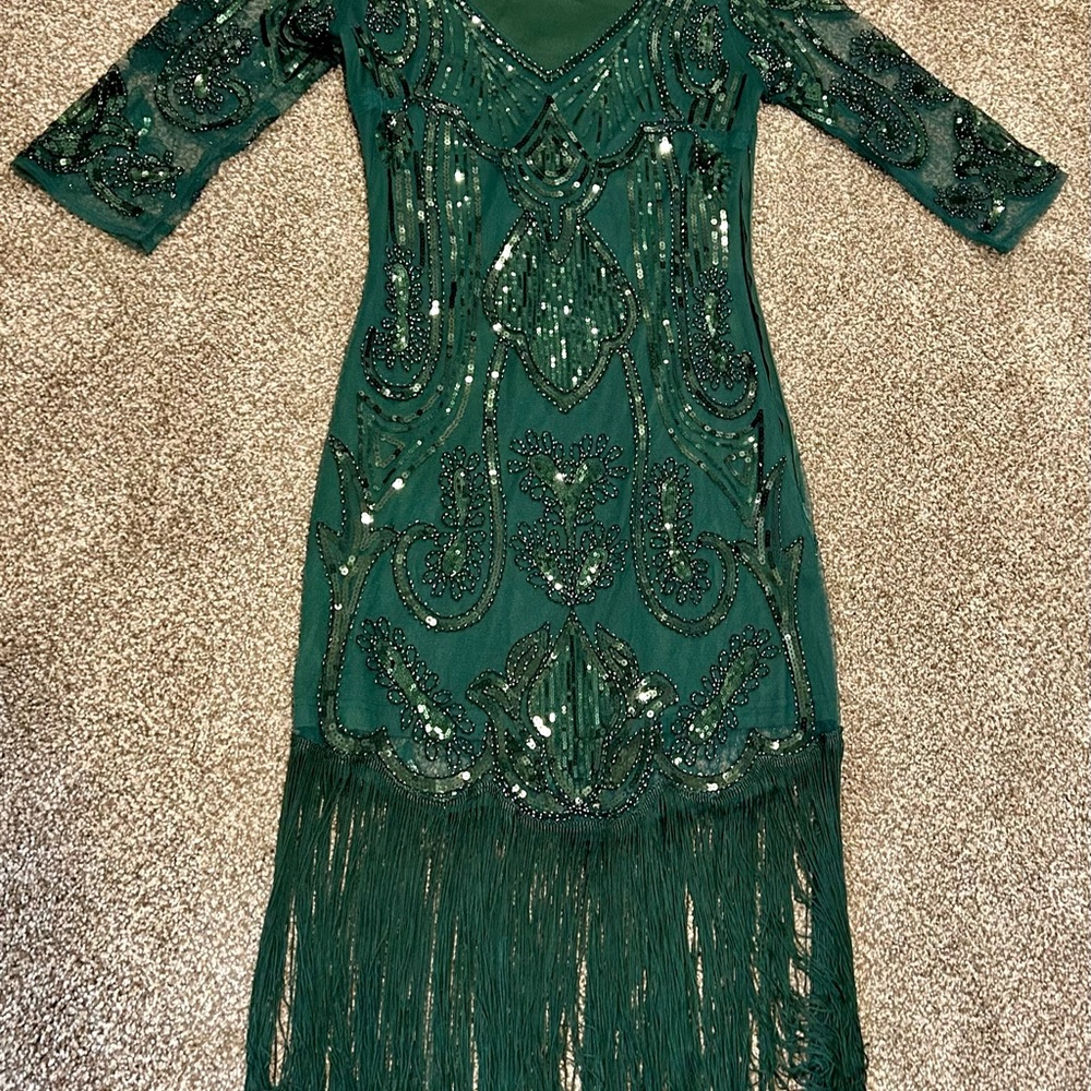 Unique Vintage Emerald Beaded Long Sleeve Dress